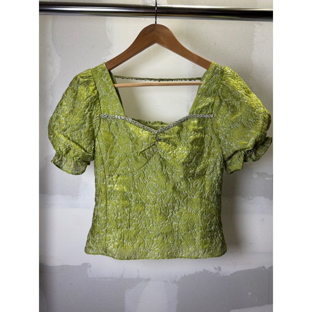 ZRAU Womens Chartreuse Green Floral Jacquard Puff Sleeve Rhinestone Blouse M